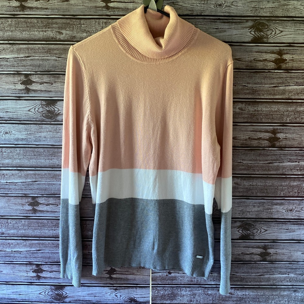 Calvin Klein Women's Long-Sleeved Turtleneck Sweater Sz L Pink White Gray Logo